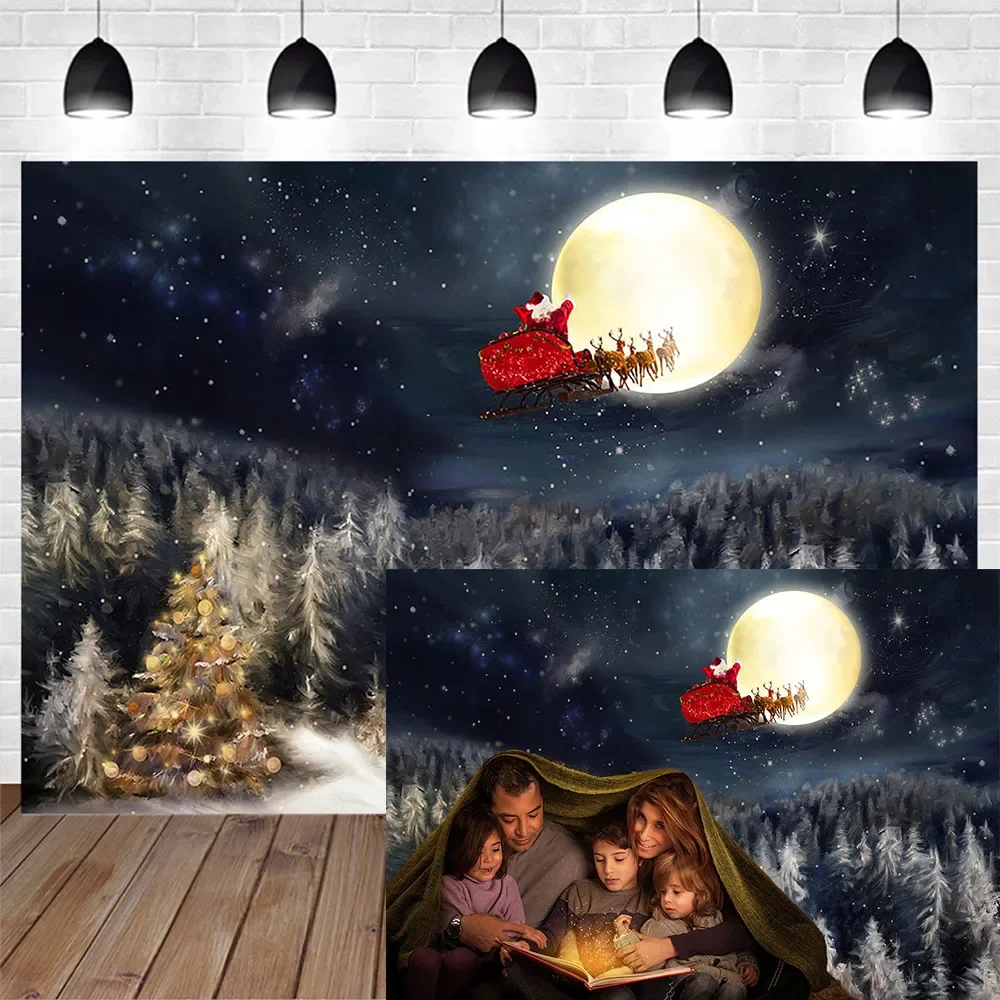 

Mocsicka Winter Christmas Eve Home Photography Background Santa Claus Snow Moon Pine Forest Backdrop Family Newborn Baby Photo