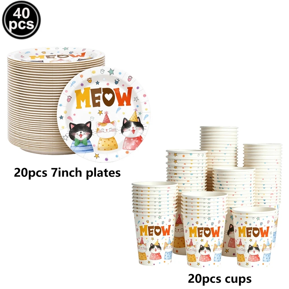 Cute Cat Theme Party Tableware, Plates, Cups, Napkins