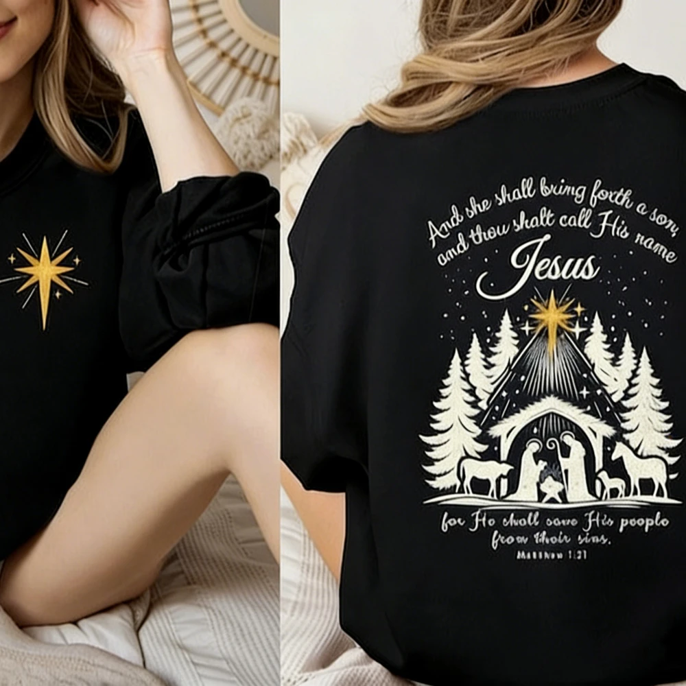 مشهد المهد امرأة مسيحية طويلة الأكمام البلوز قصة حقيقية المهد يسوع عاشق هدية الإيمان الديني مطابقة هوديس