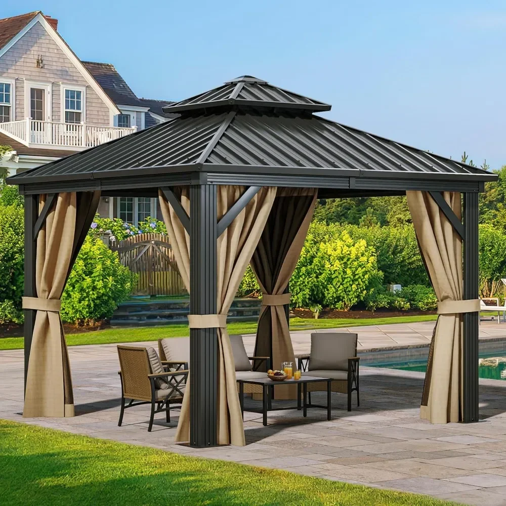 

10x10ft Gazebo Double Roof Canopy with Netting and Curtains, Outdoor Gazebo 2-Tier Hardtop Galvanized Iron Aluminum Frame