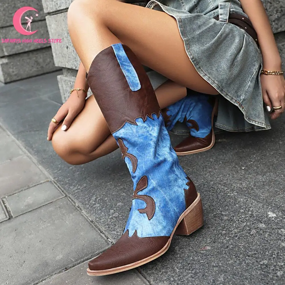 Cowgirl sepatu bot hak tinggi bergaya Vintage wanita, sepatu bot hak tinggi berpola kupu-kupu bergaya Platform bordir Chunky untuk wanita