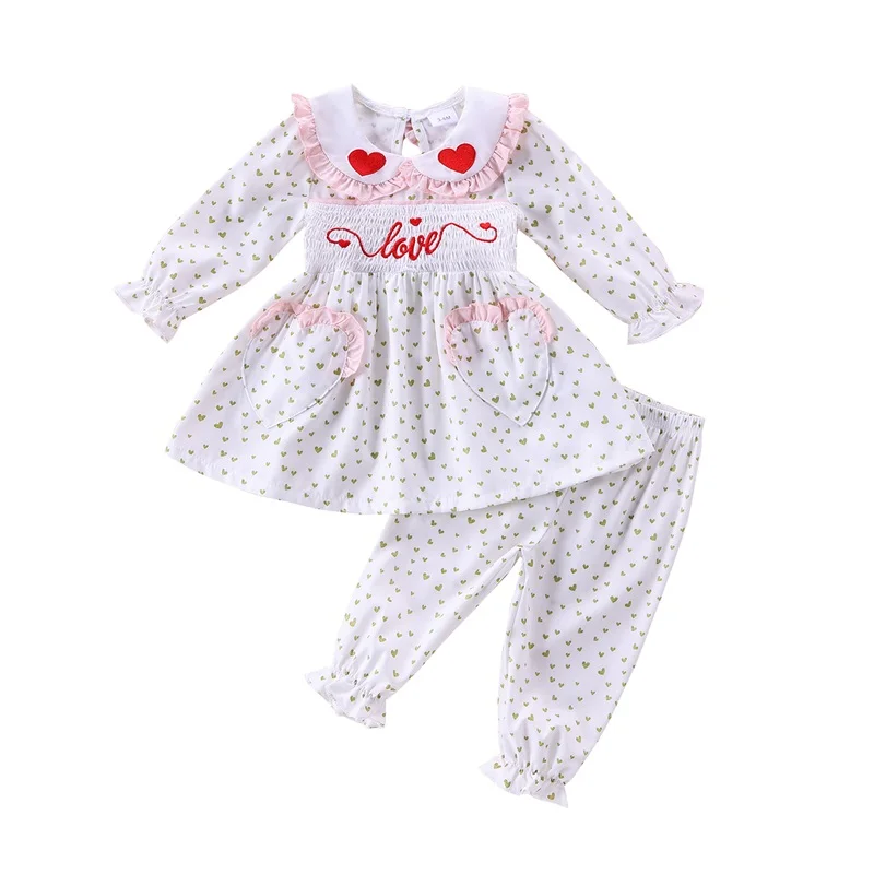 Infant Valentines Day Outfit Toddler Baby Girl Heart Long Sleeve Tunic Dress Top and Pants Set Fall Winter Clothes