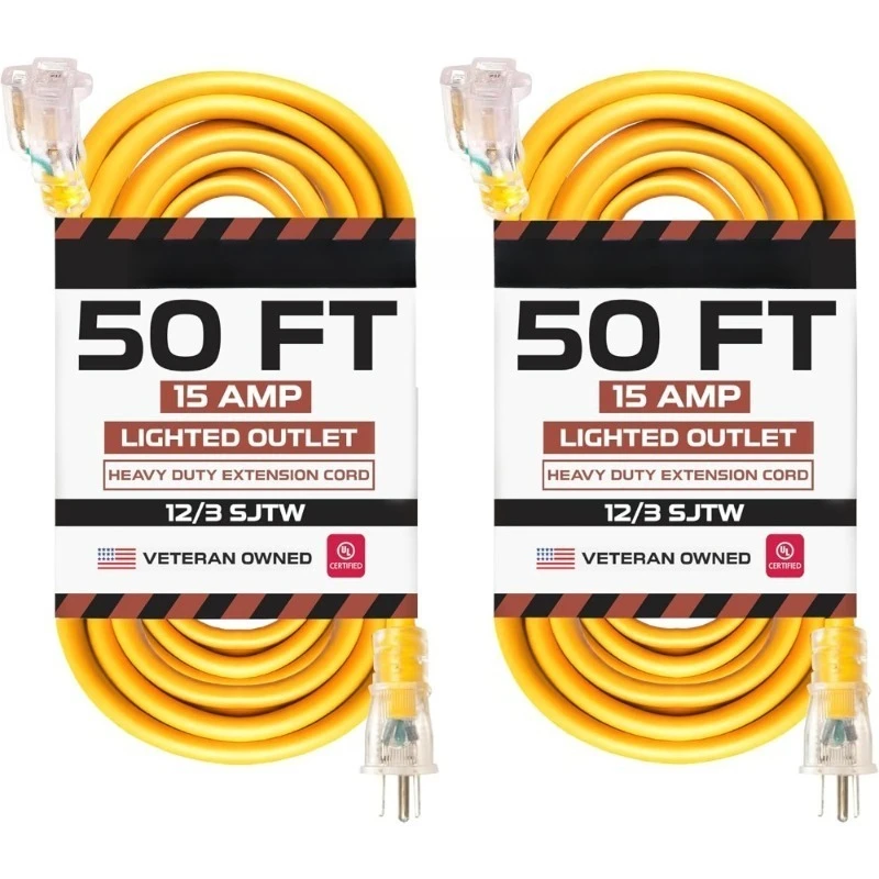 

Heavy Duty 12/3 SJTW Yellow Outdoor Extension Cord 50 Feet 15 AMP 3 Prong for Garden and Appliances 2 Pack