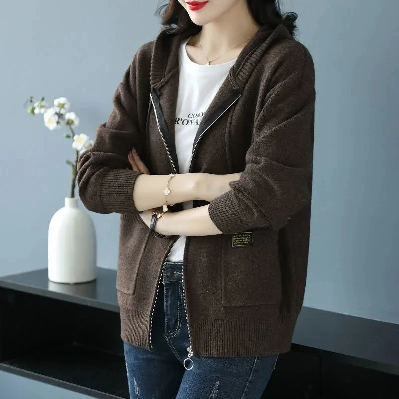 Large Size New Women Hooded Sweater Coat Spring Autumn Long Sleeve Zipper Knitted Cardigan Female Sweater Jacket