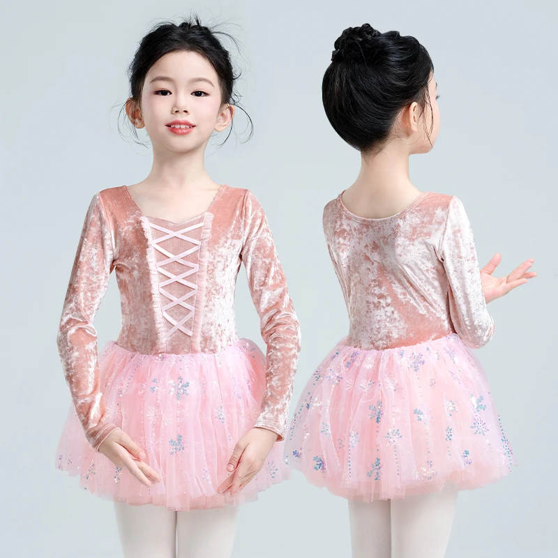 

Балетное платье для девочек, бархатная танцевальная одежда с длинными рукавами, платье принцессы для детей, танцевальный трико, юбка-пачка, осень-зима