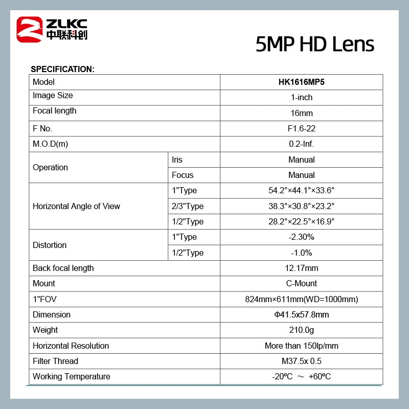 ZLKC-Lentes de visión de máquina de montaje en C de 5MP, lente de cámara Industrial de 1 pulgada, baja distorsión Manual, Iris CCTV, longitud Focal fija HD, 16mm