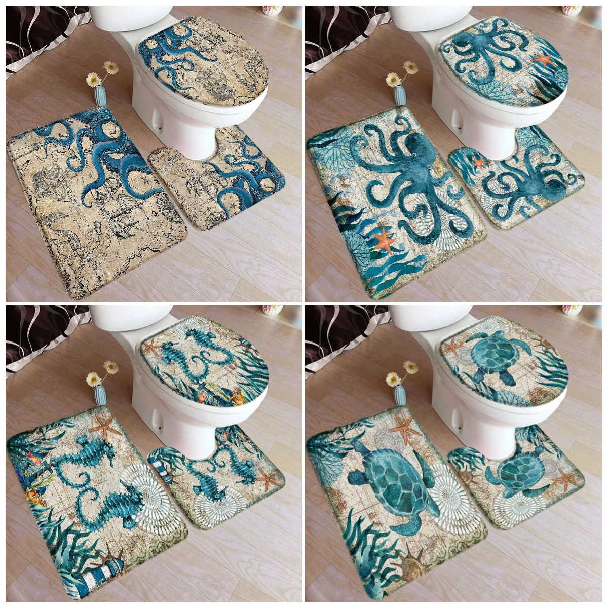 Octopus Sea Turtle Bath Mat Set Marine Animal Seahorse Starfish Vintage Nautical Map Home Rugs Bathroom Decor U-Mat Toilet Cover