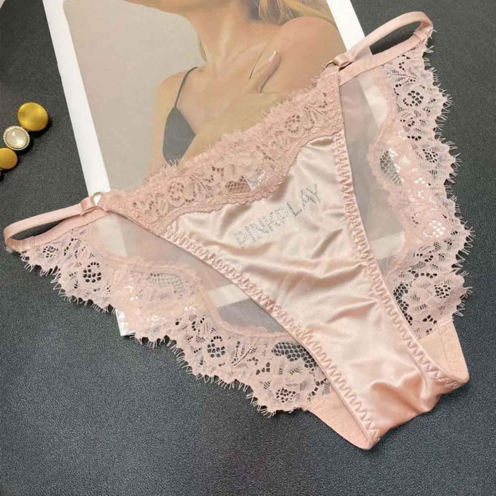 Sweet Crystal Letter Satin Silk Panties Thin Belt Underwear Rhinestone Lace Briefs Mid Waist Seamless Underpants for Women Daily