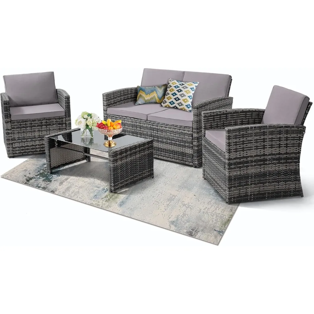 4 Piece Patio Parlor Set, Outdoor Rattan Sectional Sofa with Cushions Furniture Set for Garden, Porch