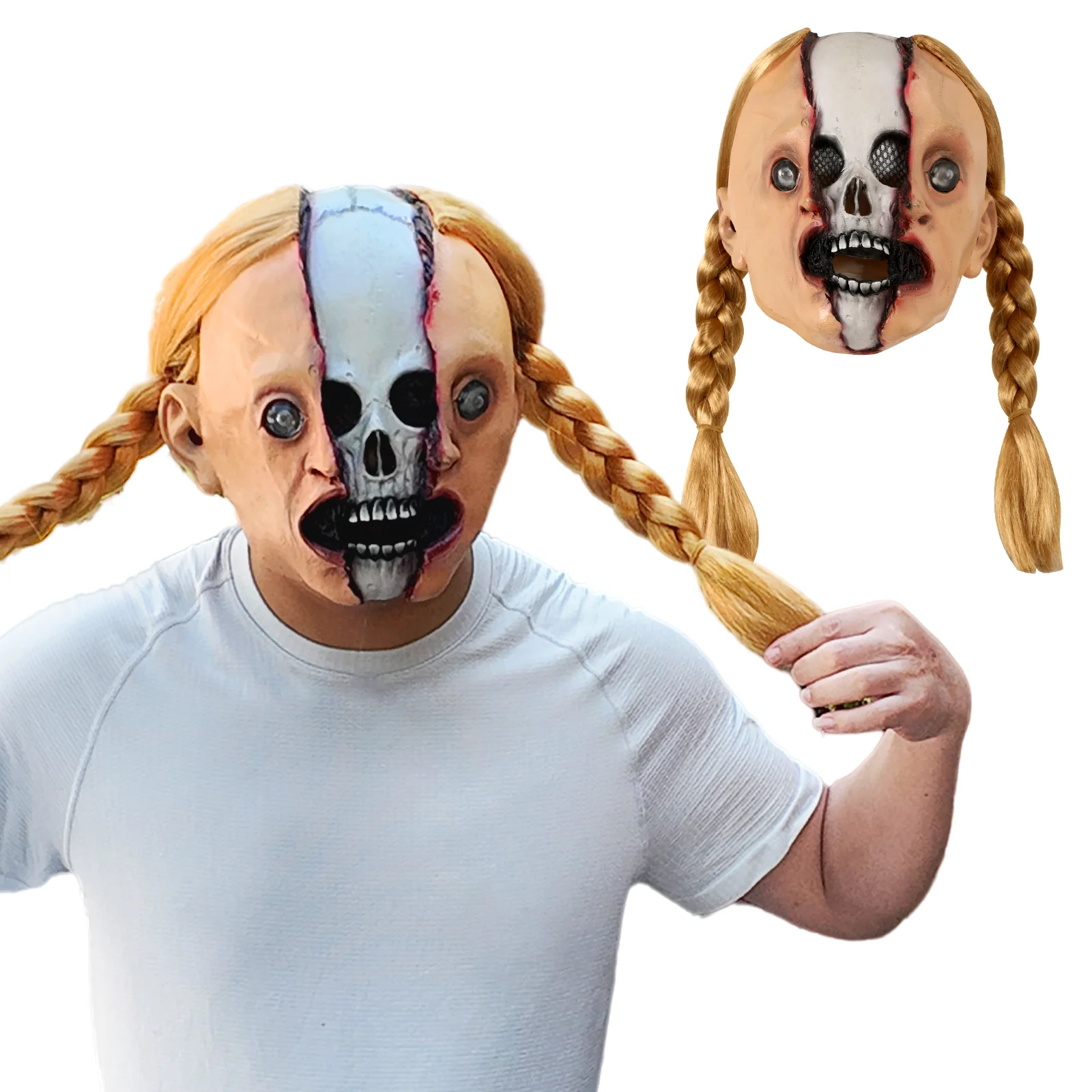 

Halloween Horror Girl Mask Cracked Face Skull Double Ponytail Masks Cosplay Costume Party Props For Adult