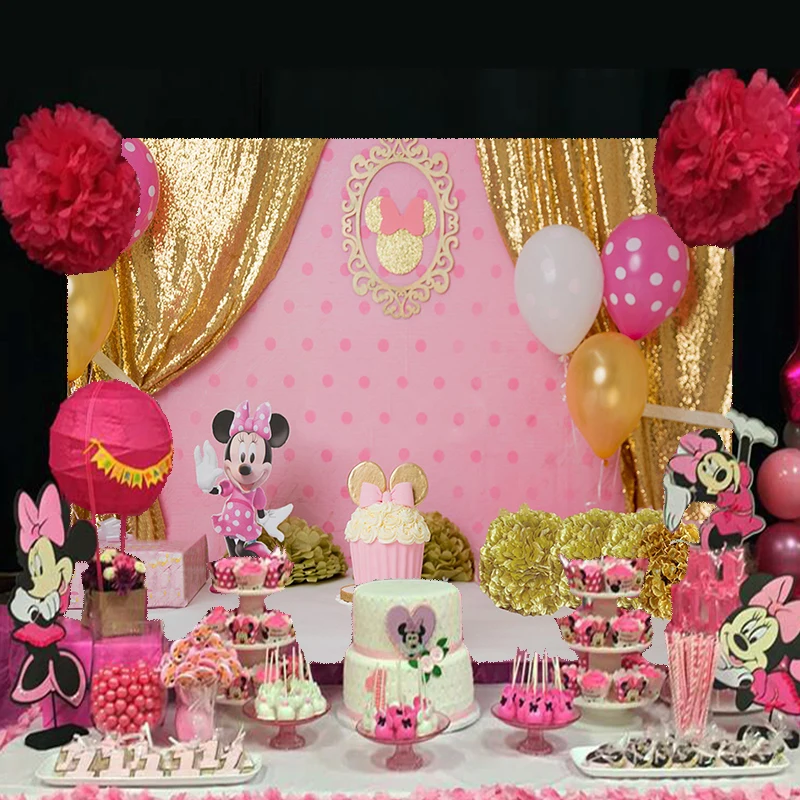 Disney Pink Mickey Minnie Mouse Photography Background Backdrop Cartoon Girl Birthday Party Stage Decor Banner Photographic