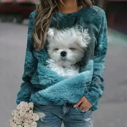 Brand New Kawaii Fashion Women Cute Furry Puppy Animal Print T-Shirt Home Women Pullover Crew Neck Women Sweatshirt Comfortable