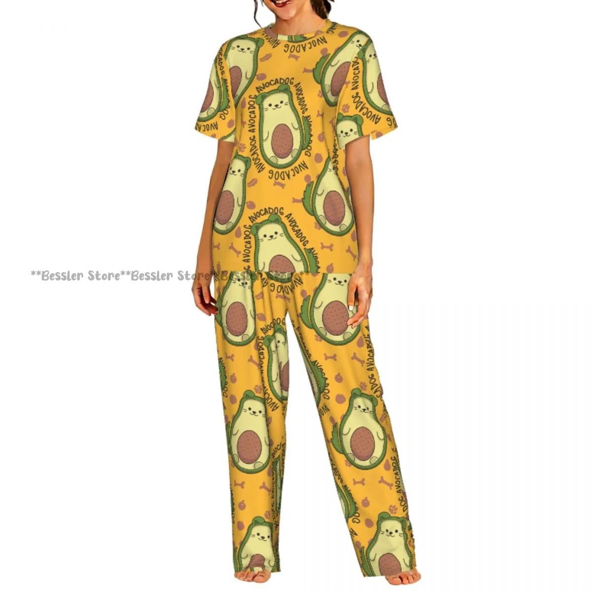 

Женский комплект пижамы с короткими рукавами и брюками, с принтом мультяшного авокадо и собаки, повседневный.