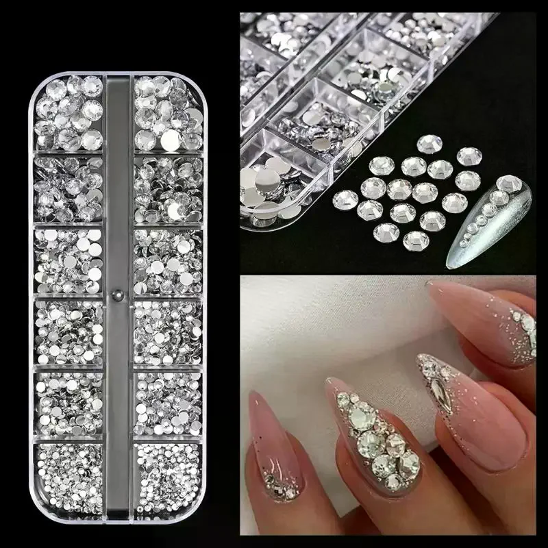 12 شبكة دائرية مسطحة القاع مسمار حجر الراين AB مع قلم حفر تألق مجوهرات ملونة مسمار سحر DIY بها بنفسك