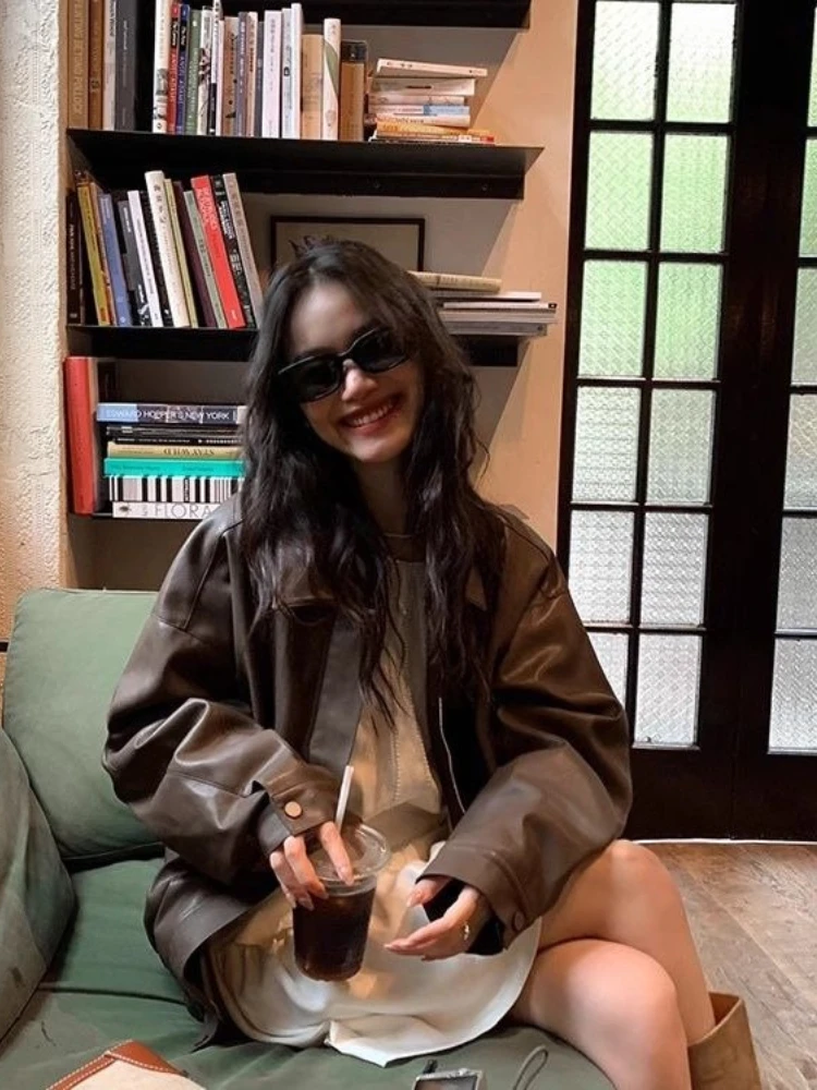 Czarna kurtka skórzana z zamkiem błyskawicznym ze skóry PU damska High Street koreański styl punkowy kurtka skórzana damska 2025 jesień moda casual płaszcz