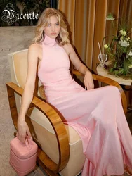 VC Pink Satin Solid High Collar Sleeveless Waisted Stretch Mesh Patchwork Tank Spliced Swing Vest Dress Cocktail Evening Gowns