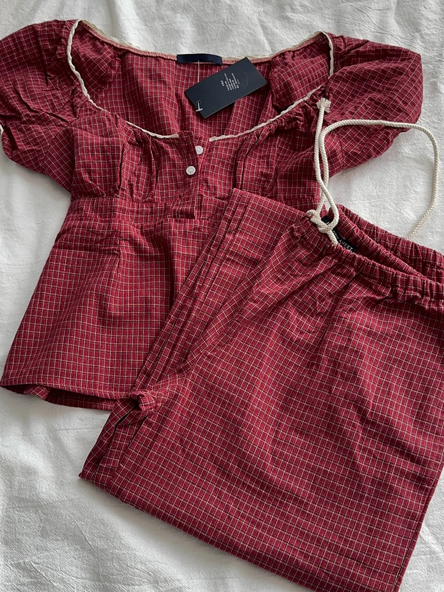 Red Plaid Short Sleeve T-shirt Women Summer Three Buttons Lace-up Puff Sleeve Tee Shirts Sweet Chic Vintage Tops Tees Y2k New