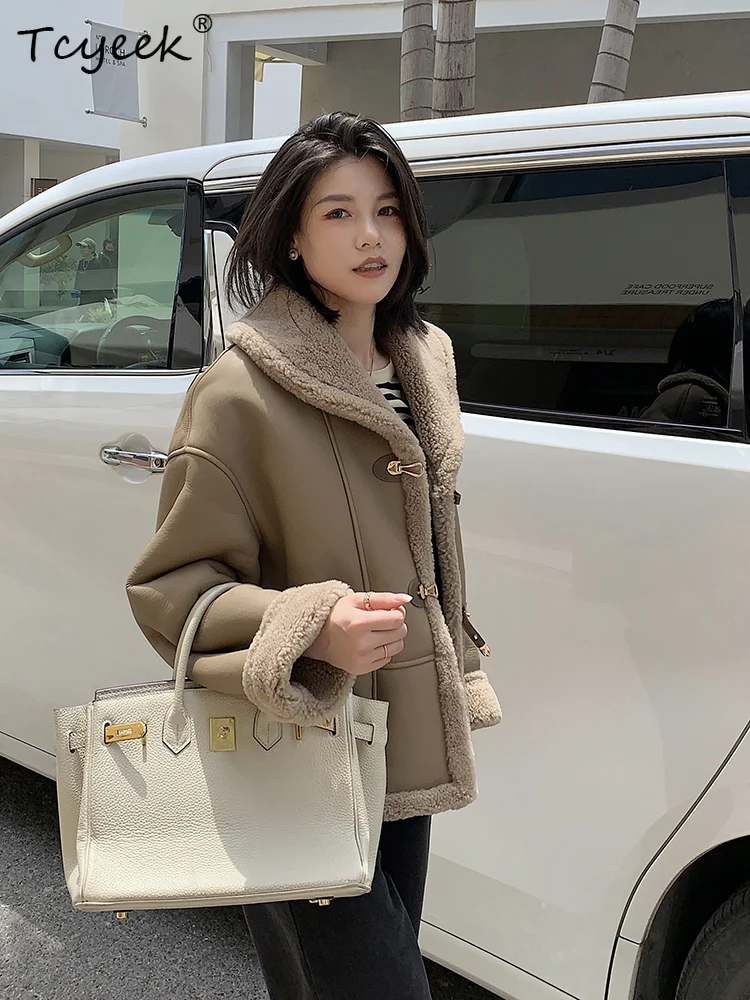 Tcyeek Prawdziwa Wełna Jesień Zima Elegancki Modny Jednolity Kolor Krótki Casualowy Damski Płaszcz z Wełny i Futra Shearling Fourrures Femme