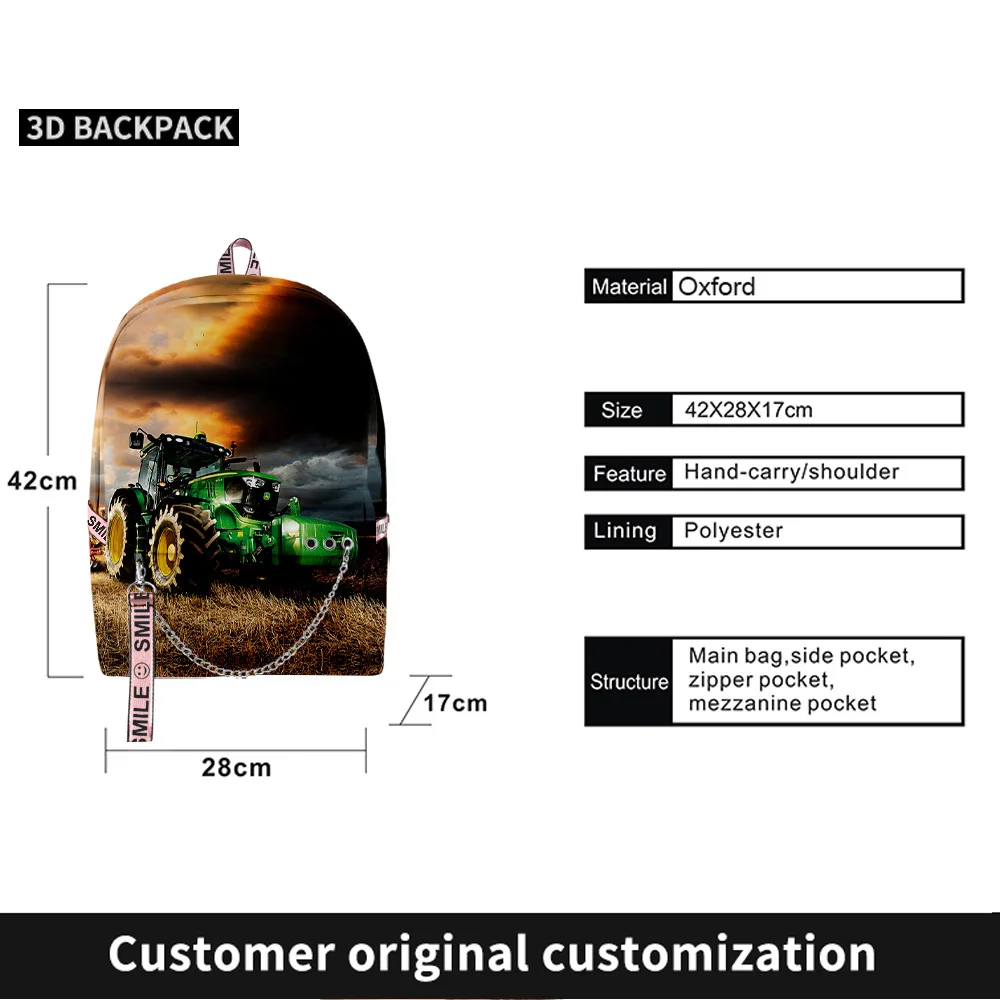 Luxo legal jogo trator padrão estudante sacos de escola unisex impressão 3d oxford à prova dwaterproof água notebook multifuncional mochilas viagem