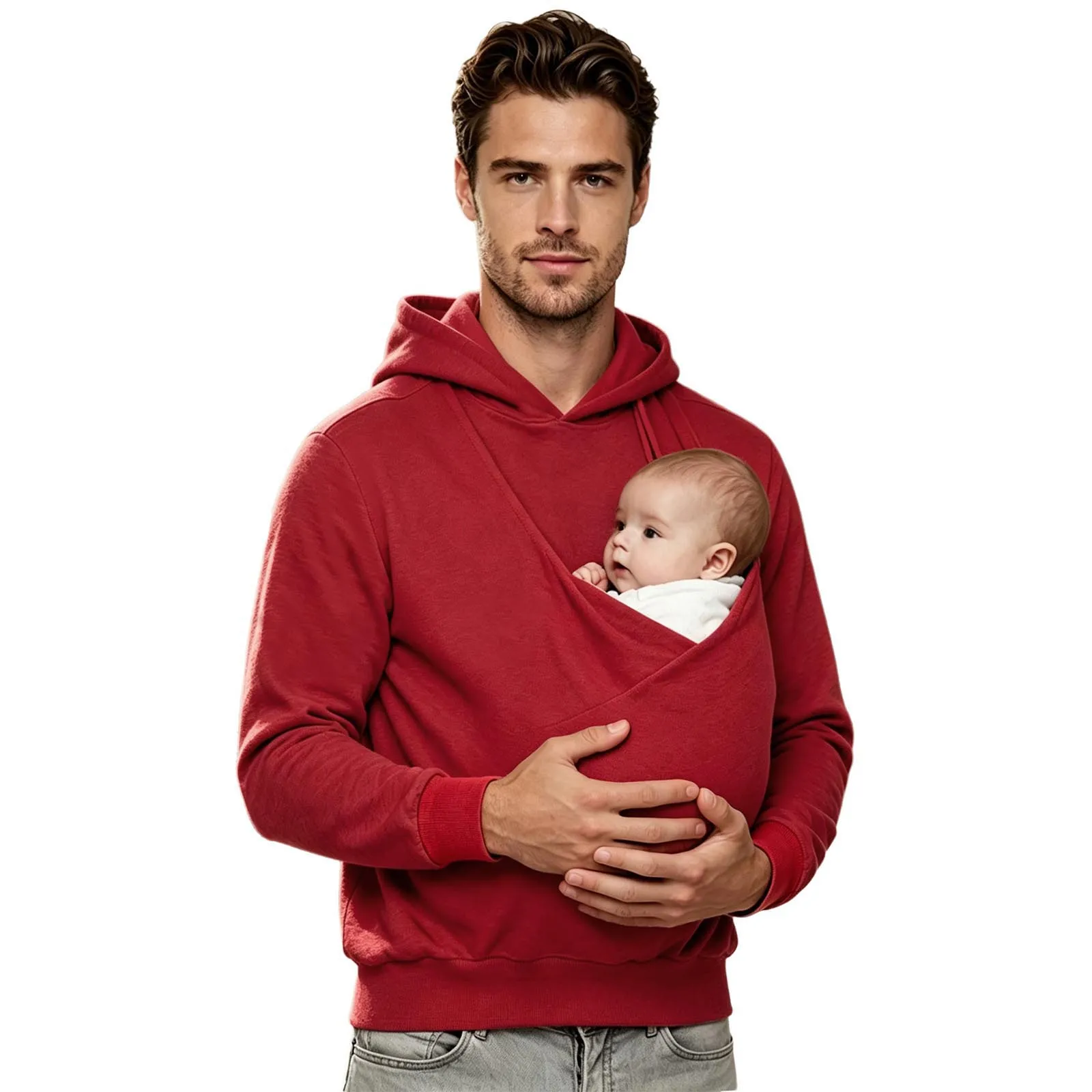 Herren-Känguru-Hoodie für Väter und Babytragen, einfarbig, mit großer Tasche vorne, Kapuzen-Sweatshirt, lässiger Langarm-Pullover – Detail 24