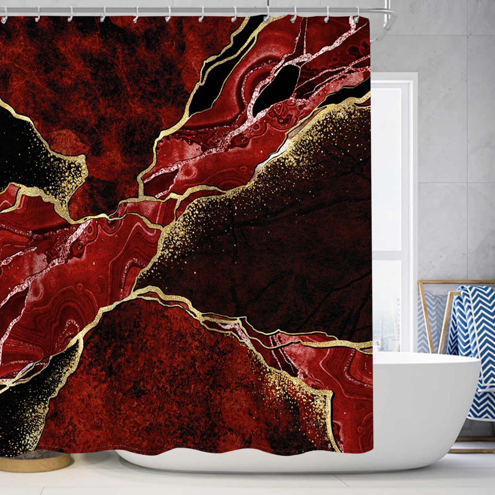 flowing gold wave marble shower curtain set, classic bathroom décor, carpet and toilet seat, flowing gold luxury texture