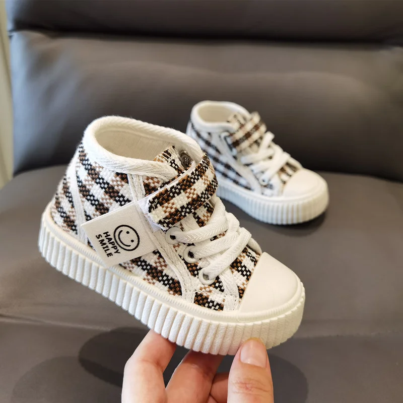 Spring And Autumn High-top Children's Plaid Canvas Shoes New Style Boys' Fashion Breathable Shoes Casual Shoes