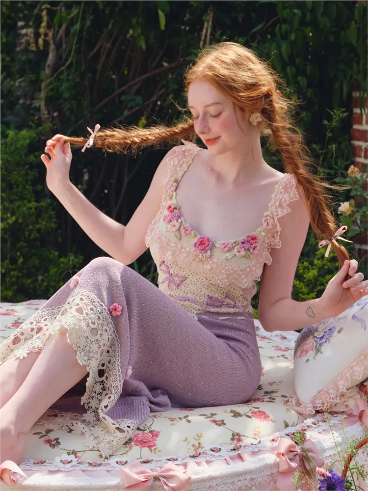 

design sense heavy hook floral purple ribbon knit dress