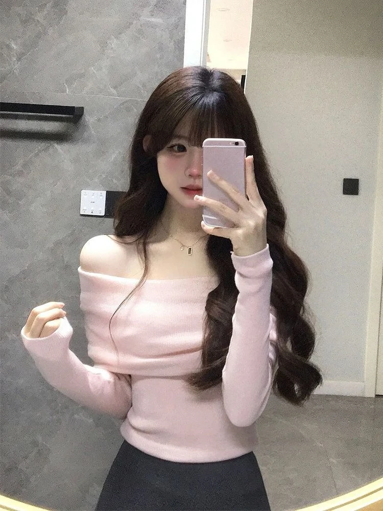 Coquette Sweet Pink Off Shoulder Slim Fit Soft Knit Crop Top Women Long Sleeve Korean Fashion Chic Casual Date Night Outfit 2026