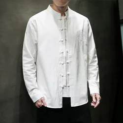 2024 Spring New Men Chinese Style Cotton Linen Shirt Men Solid Color Loose Shirts Traditional Kung Fu Tai Chi Hanfu Shirt