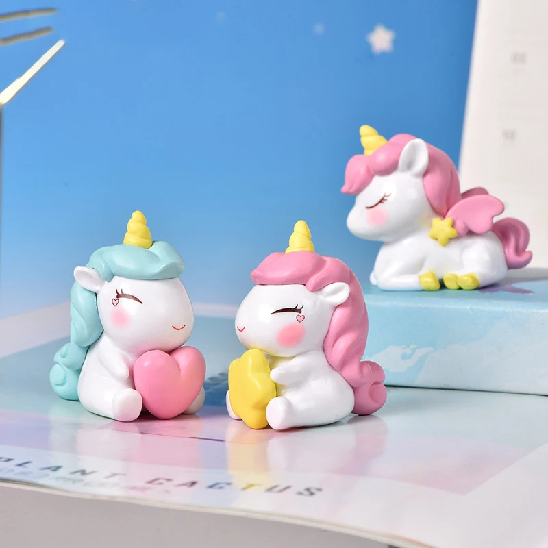 NEW Cartoon Unicorn Decoration Decor Plastic Ornament Micro Landscape Unicorn Rainbow Horse Animal Crafts Birthday Gifts