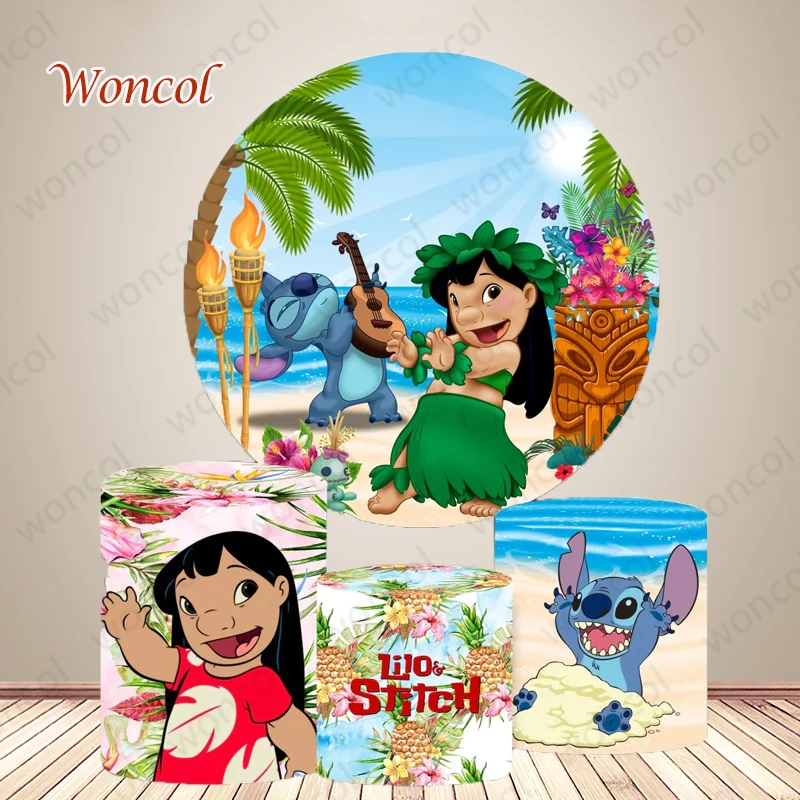 

Lilo & Stitch Round Backdrop Child Birthday Stitch Backdrop Baby Shower Round Cylinder Cover Decor Photo Studio Props