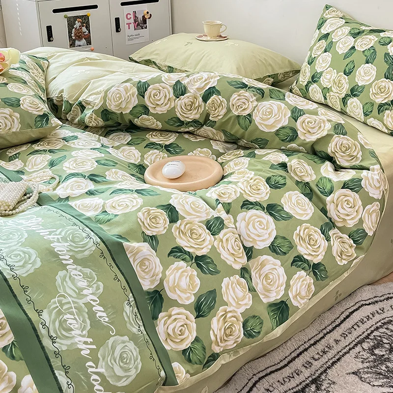 

French floral cotton four-piece set of bedding three-piece set of small fresh 100 cotton bed linen quilt set bed hat