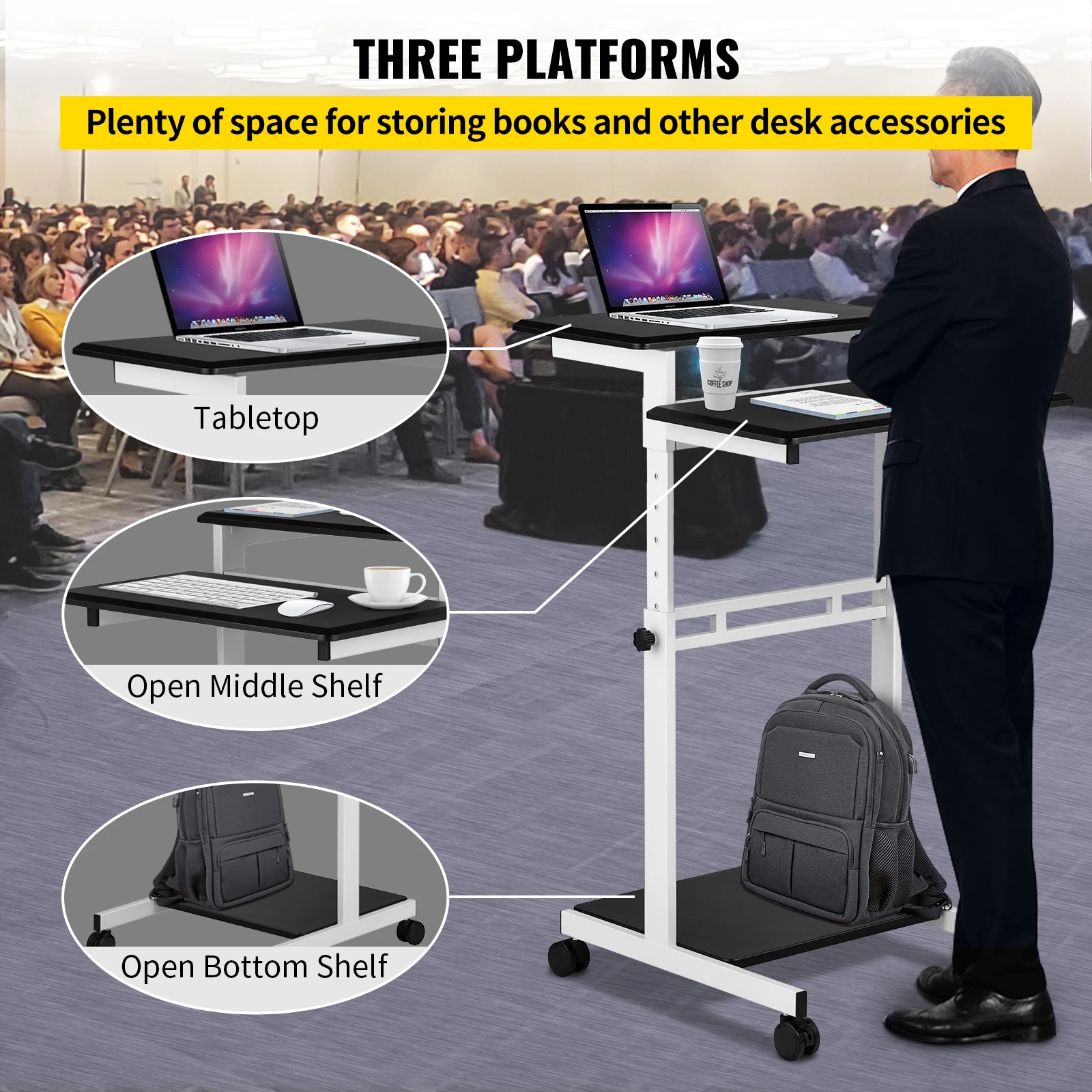 VEVOR Scrivania Mobile a 3 Ripiani Regolabili da 87-119 cm, Tavolo per Laptop con Ruote in Acciaio e MDF, Uso Come Podio in Classe, Tavolo per Computer, Supporto per Proiettore, Carrello di Servizio