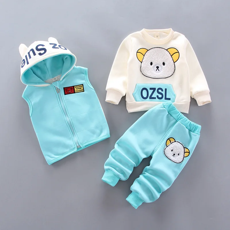 New Clothing Sets Baby Boys Girls Winter Plus Velvet Thick Flannel Fleece Homewear 3Pcs Children Warm Cartoon Sleepwear Suit