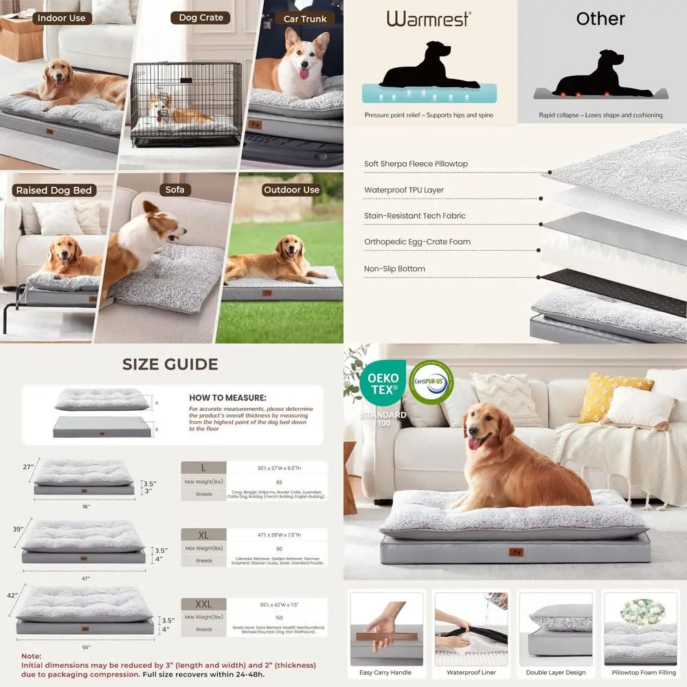 

Large XL Waterproof Dog Bed for Large Dogs, Plush Orthopedic Foam Mattress, Removable Cover, Light Grey