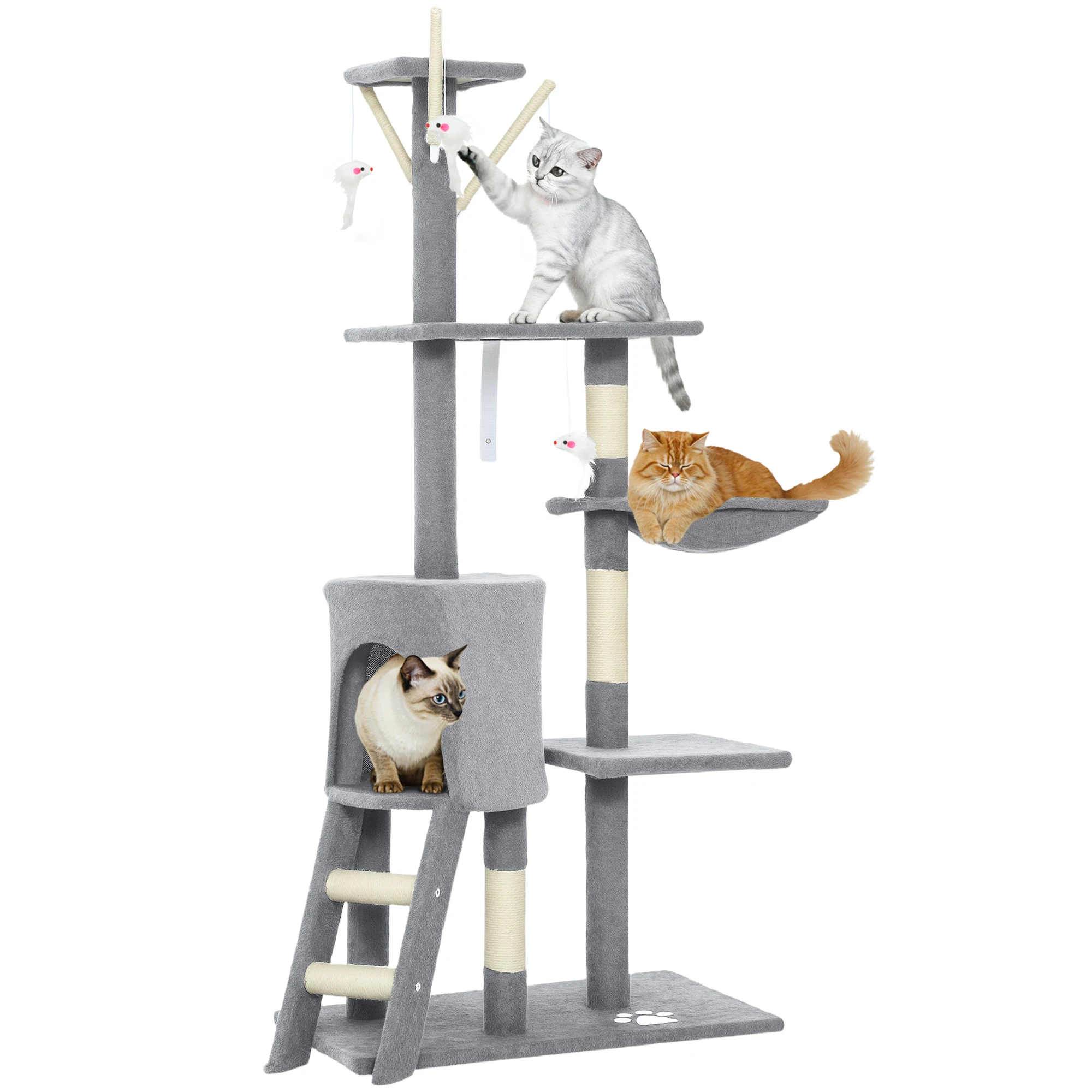 PawHut Árbol Rascador Gatos 134 cm: 6 Postes, 3 Plataformas, Cueva, Hamaca, Escalera y 4