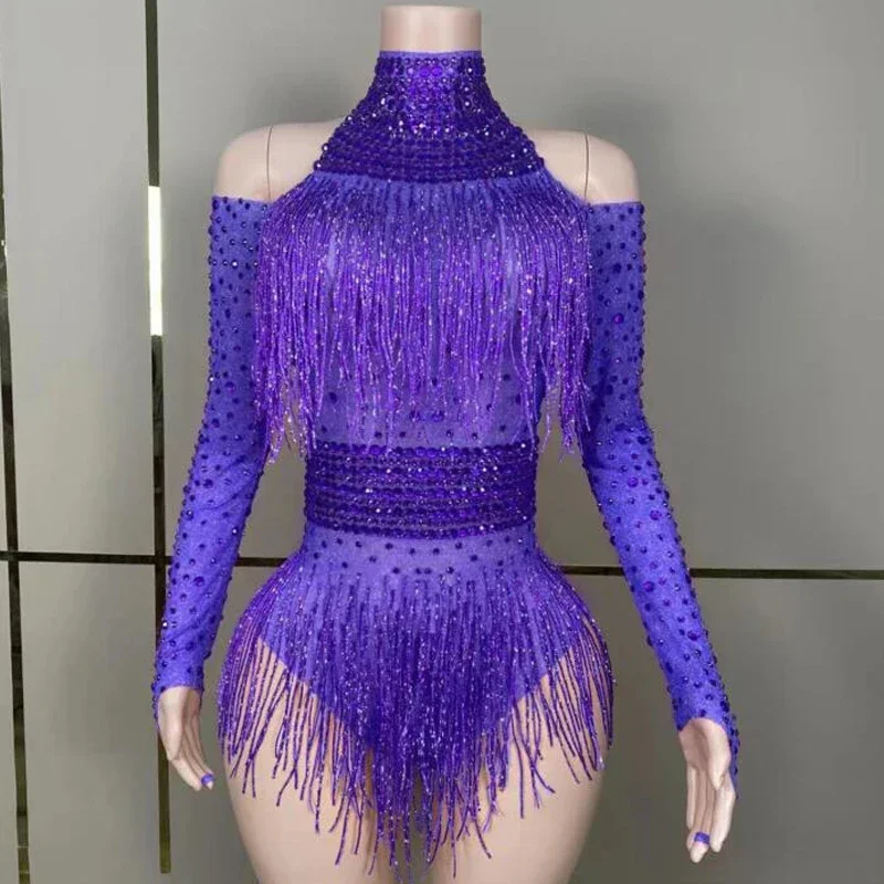 Drag Queen Costumes Red Rhinestones Fringed Bodysuit Women Gogo Dance Rave Outfit Dj Ds Stage Jazz Clothes Clubwear