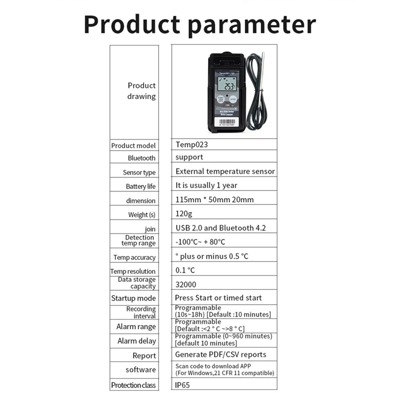 AA21-Tempu06 -100°C Low Temperature Data Logger Digital 32000 Points Bluetooth USB Temperature Recorder Forcold Chain Storage