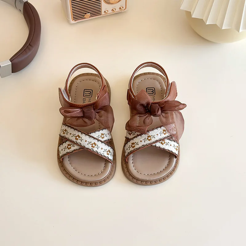 Kids Sliders Open Toe Brown Beige All-match Fashion Children Shoes 21-30 Summer Girl's Sandals Ribbons Flroal Classic Cross-band