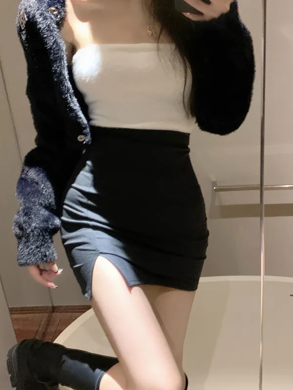 American Style High Waist Slit Elastic Bodycon  Skirt Women's Black Sexy One Step Skirt Comfortable Inner  Spring S...