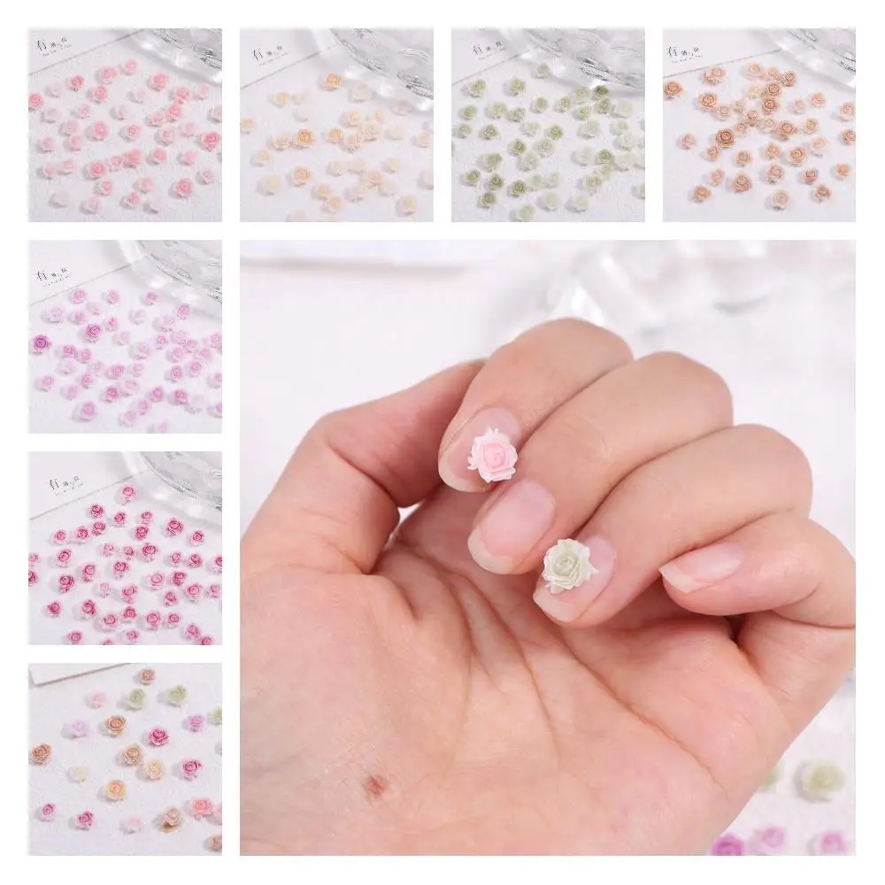 

50 Pcs Resin Gradient Rose Rose Flower Nails Accessories 6mm+8mm Smudged Vintage Nail Art Decoration Carving Camellia Flowers