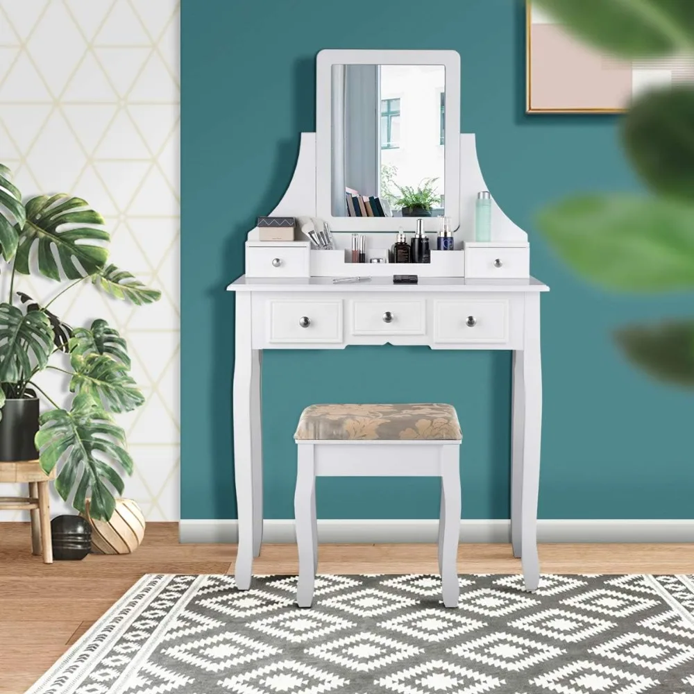 Makeup Vanity Set with Mirror and Cushioned Stool, Dressing Table with 5 Drawers and Removable Storage Organizers