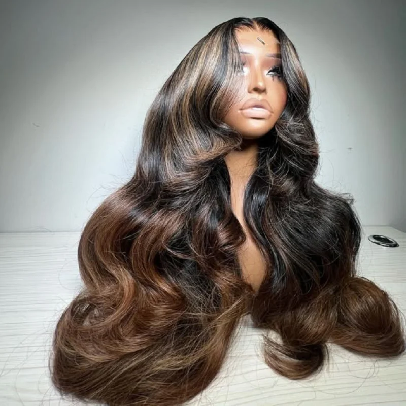 InjBase Highlight Body Wave, Jewish Human BabyHair, HDLace Wig, Perruque sans colle, Cheveux européens préplumés, Densité 180, 5x5, 26 po