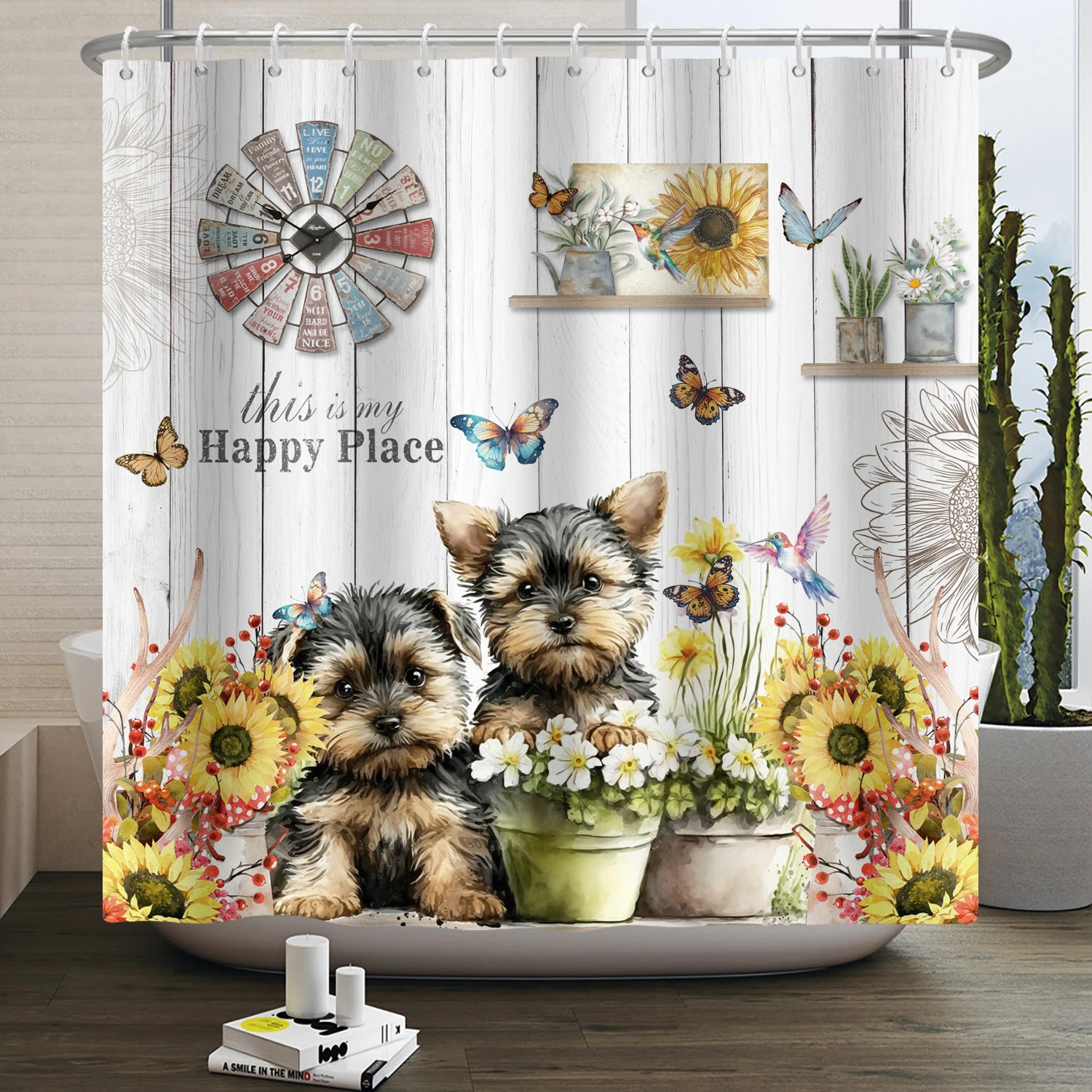 Cute Cat Shower Curtains for Bathroom Boho Flower Tropical Plant Floral Botanical Funny Kitty Animal Waterproof Bath Curtain