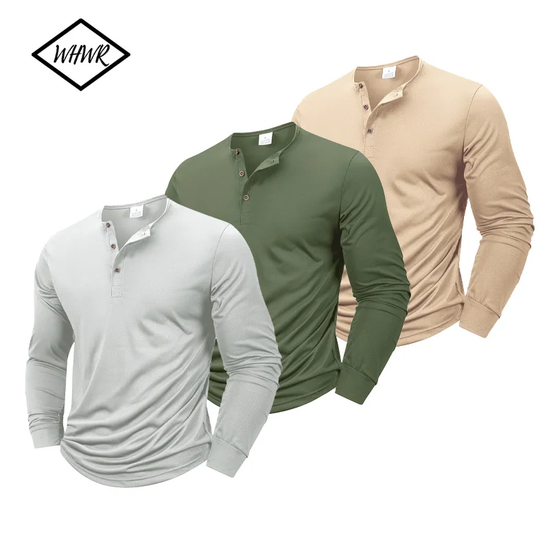Henley Neck T-Shirt Men Basic Breathable Men's Long Sleeve Tops Tee Shirts Spring Autumn Casual Solid Color Button T Shirts