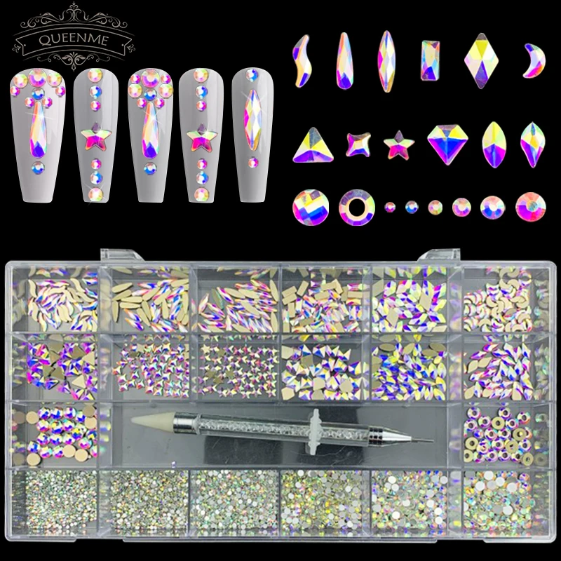 

7900Pcs/Box Mixed AB Glass Crystal Diamond In Grids 21 Shape And SS3-SS12 Flatback Nail Art Rhinestone Set With 1 Pick Up Pen