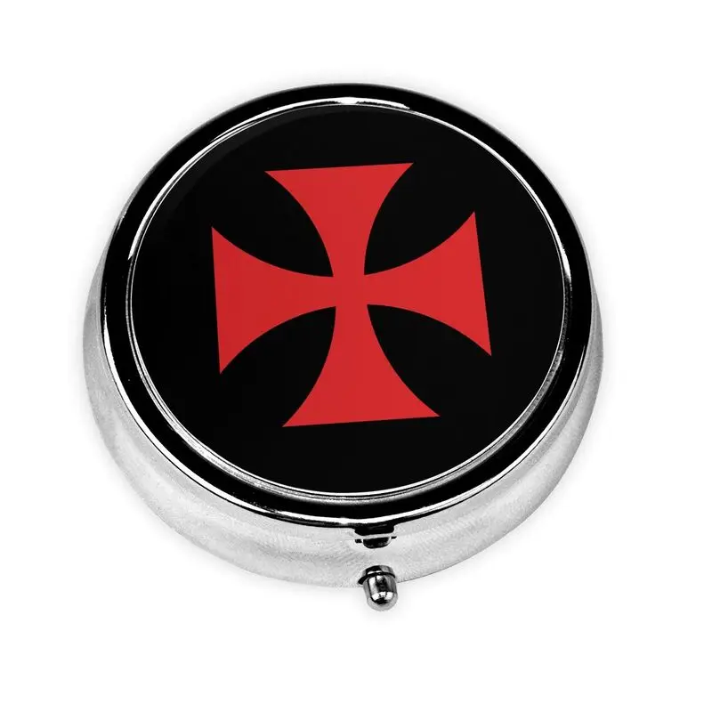 Custom Knights Templar Flag Pill Box 3 Compartment Small Pill Case for Purse or Pocket Bronze Small Roud Pill Box for Vitamins