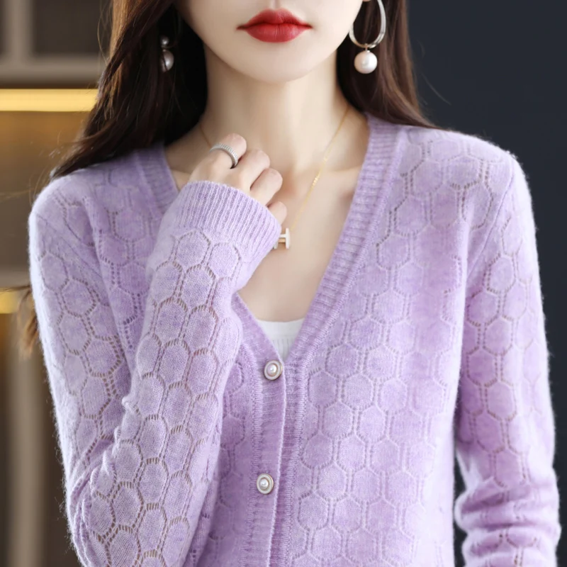 2023 Spring New Women\'s Cardigan 100% Pure Wool Knitted Sweater V-Neck Hollow Out Shirt Female Solid Color Casual Jacket