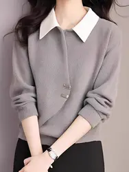 Fashionable Contrasting Gray Fake Two-piece Corduroy Thickened Shirt Autumn Winter Loose Polo Collar Buttoned Women's Clothing
