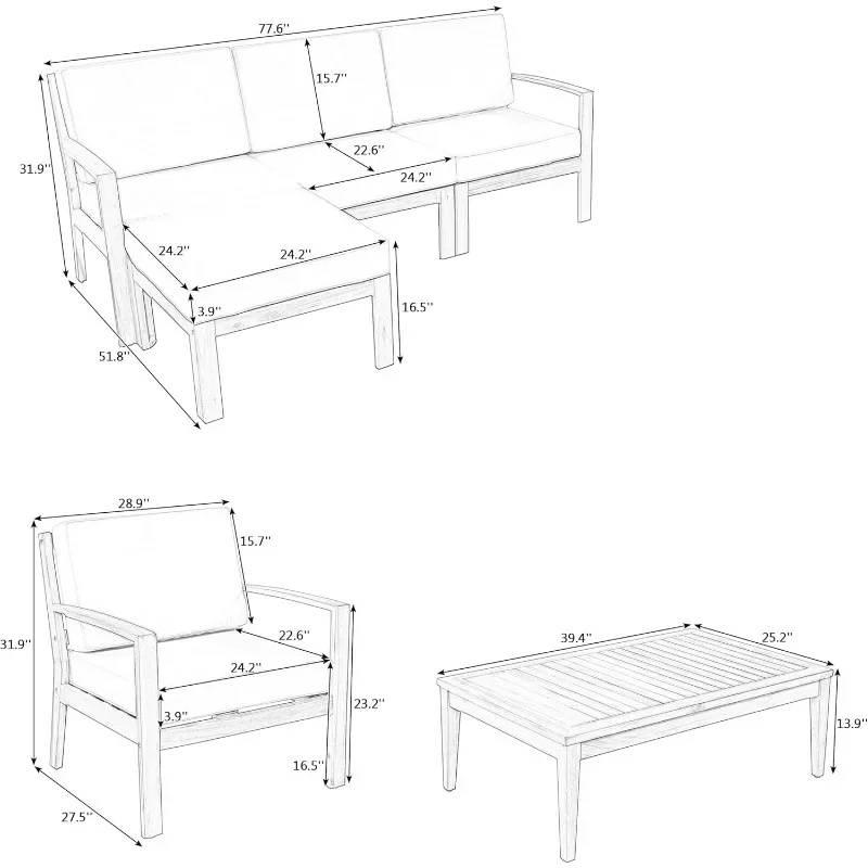 Coffee Table & Removable Cushion, Acacia Wood Frame Couch w/Armrests Chairs, for Patio, Garden, Courtyard, Backyard